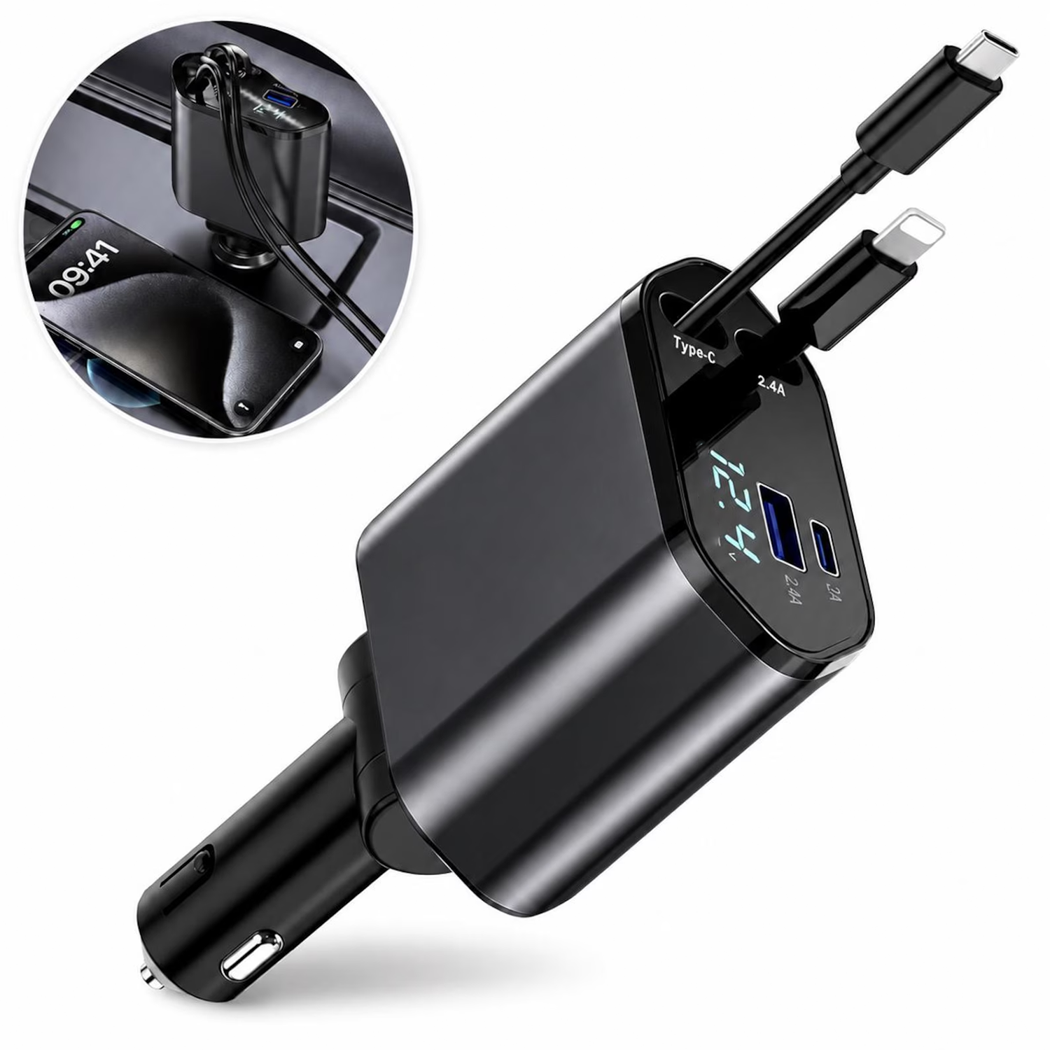 Four-Output Retractable Cable Vehicle Power Adapter, Multi-Device Fast Charging Car Socket With Digital Voltage Readout USB C