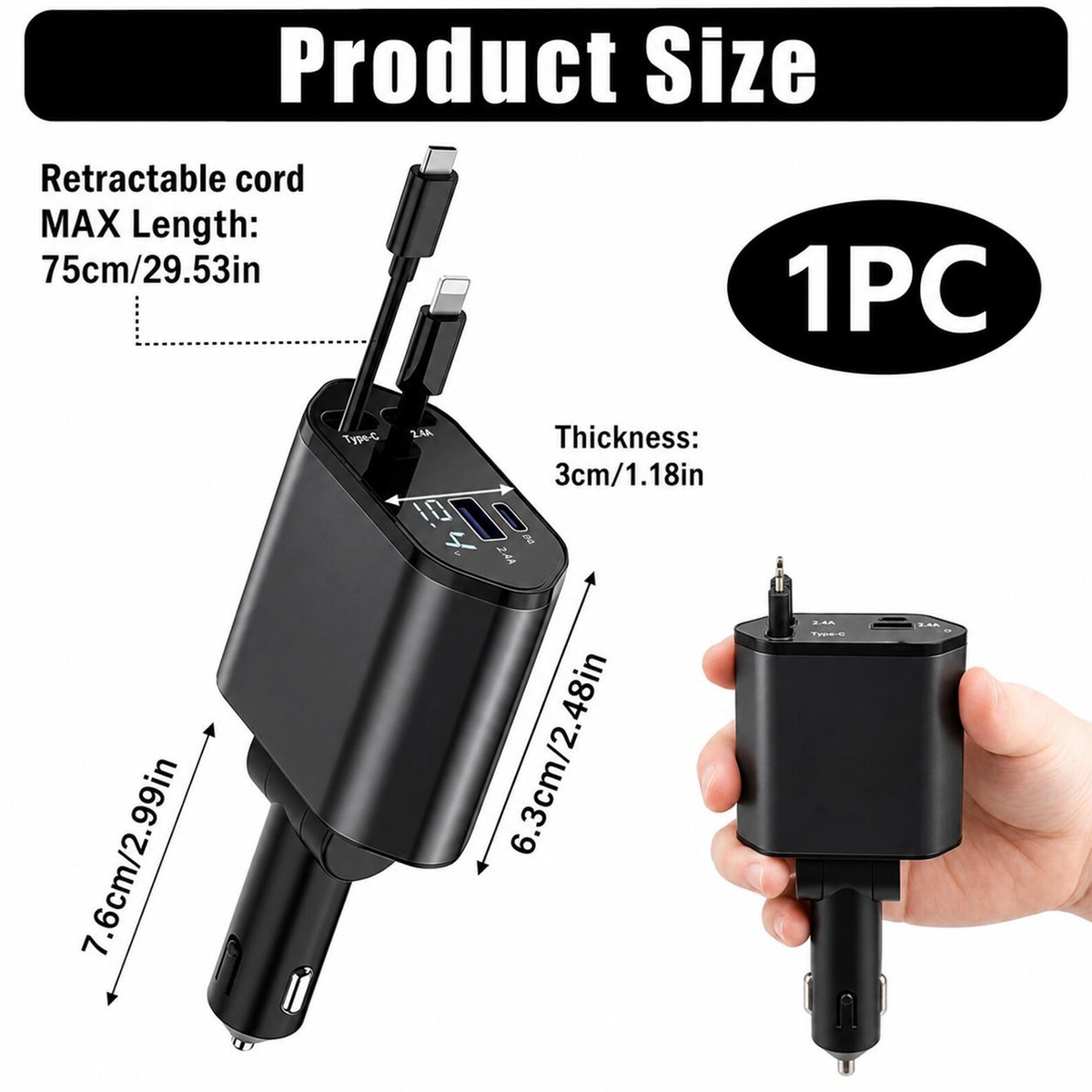 Four-Output Retractable Cable Vehicle Power Adapter, Multi-Device Fast Charging Car Socket With Digital Voltage Readout USB C