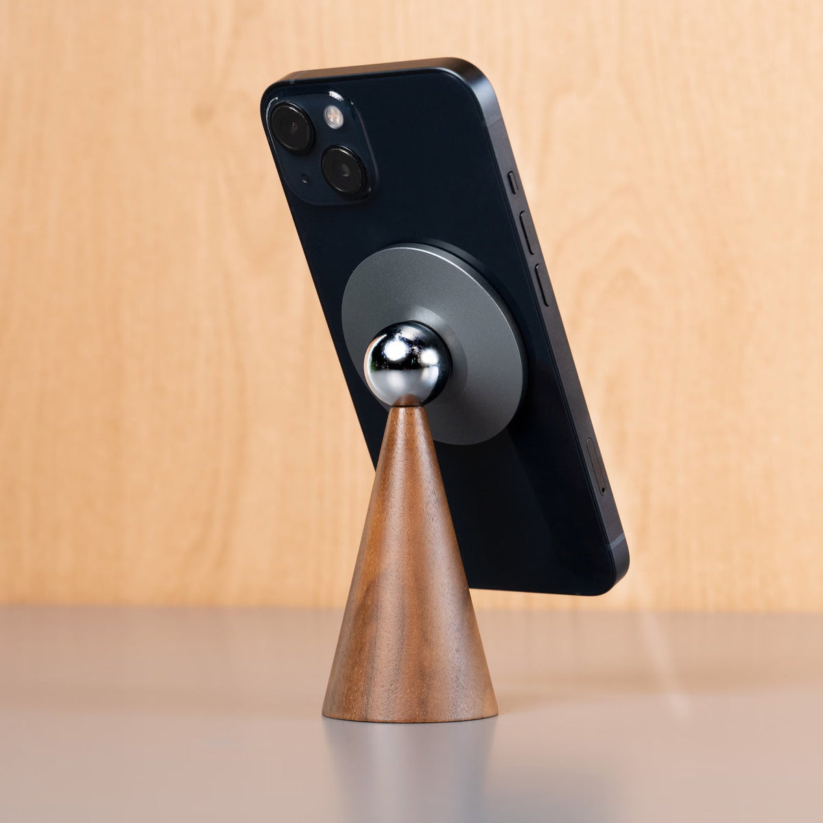 Conical Natural Wood Magnetic Smartphone Mount, 360-Degree Rotatable Multi-Angle Desktop Device Holder