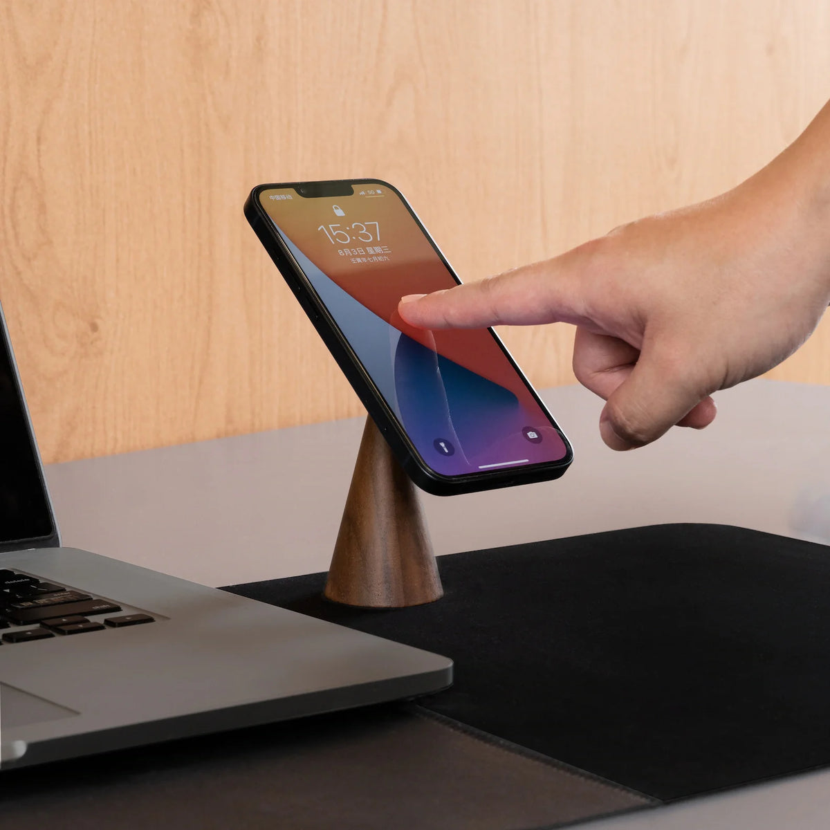 Conical Natural Wood Magnetic Smartphone Mount, 360-Degree Rotatable Multi-Angle Desktop Device Holder