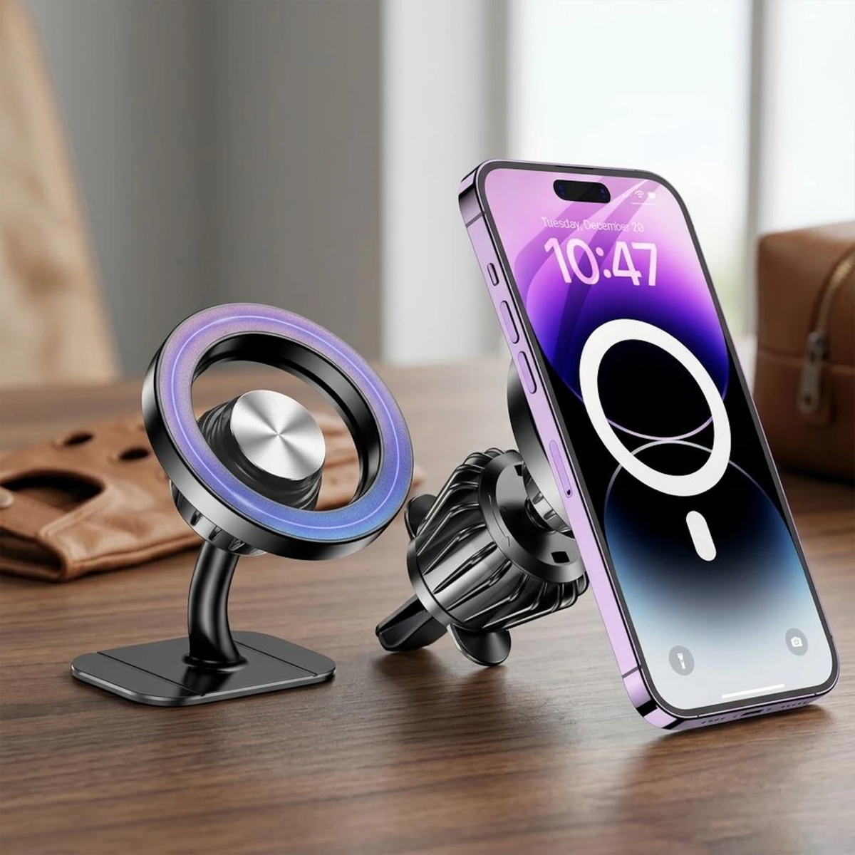 Dual-Use Magnetic Vehicle Phone Bracket, 360 Adjustable Dashboard & Air Vent Mount With Gradient Light Ring