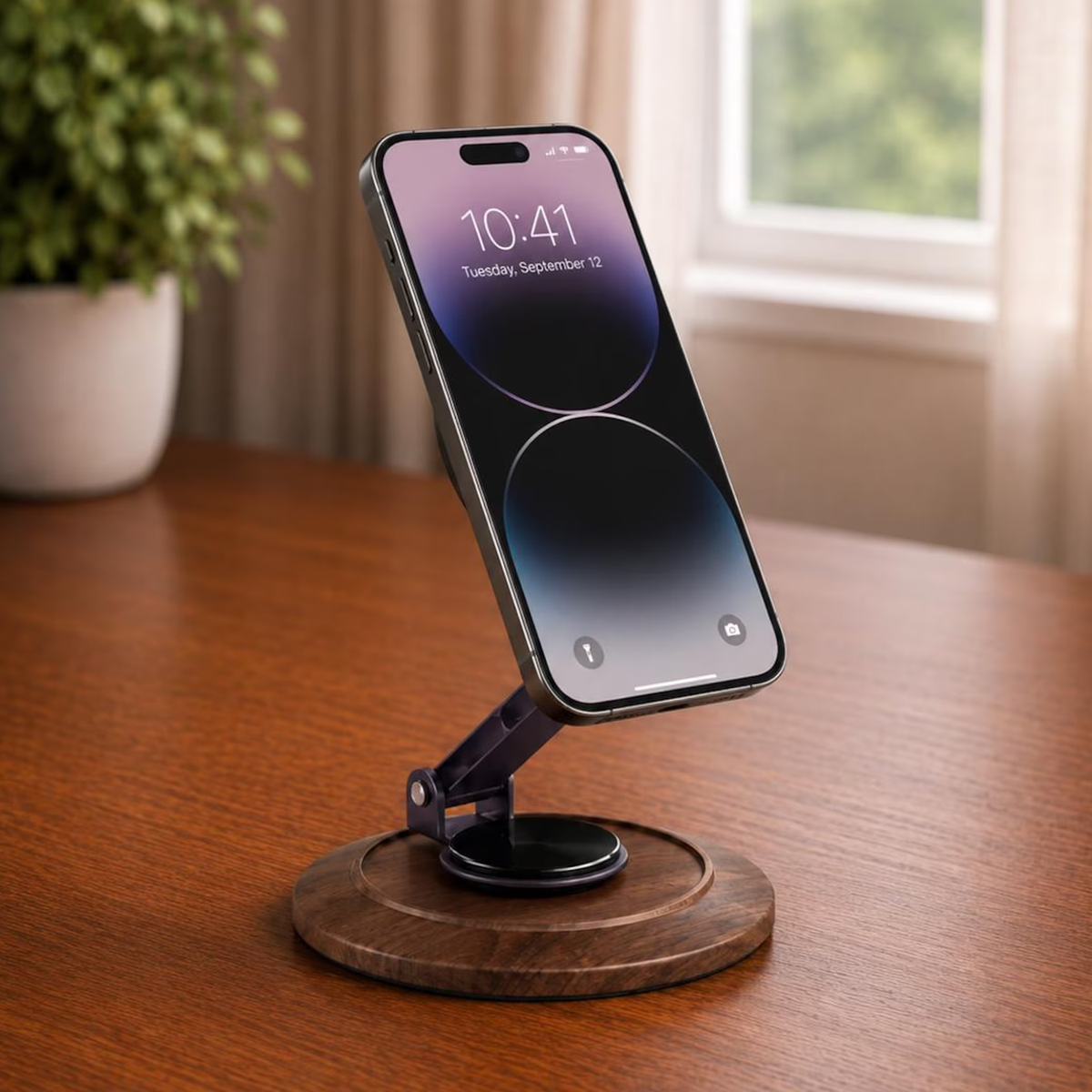 Multi-Joint Rotatable Magnetic Desktop Phone Mount, Round Wooden Base Fully Adjustable Hands-Free Device Support
