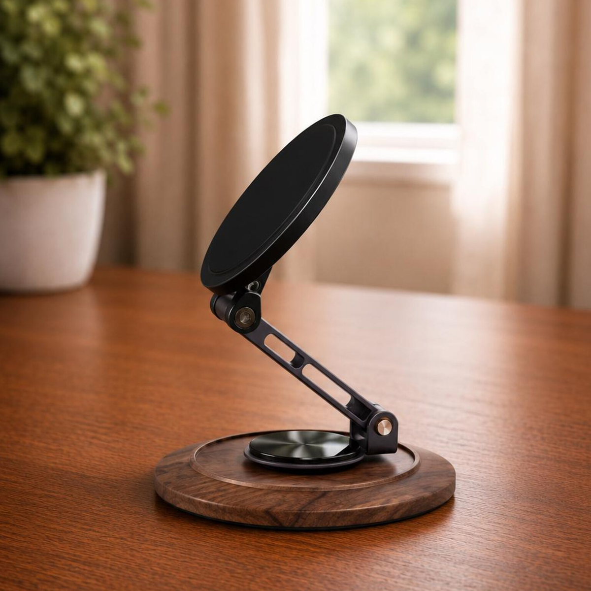 Multi-Joint Rotatable Magnetic Desktop Phone Mount, Round Wooden Base Fully Adjustable Hands-Free Device Support
